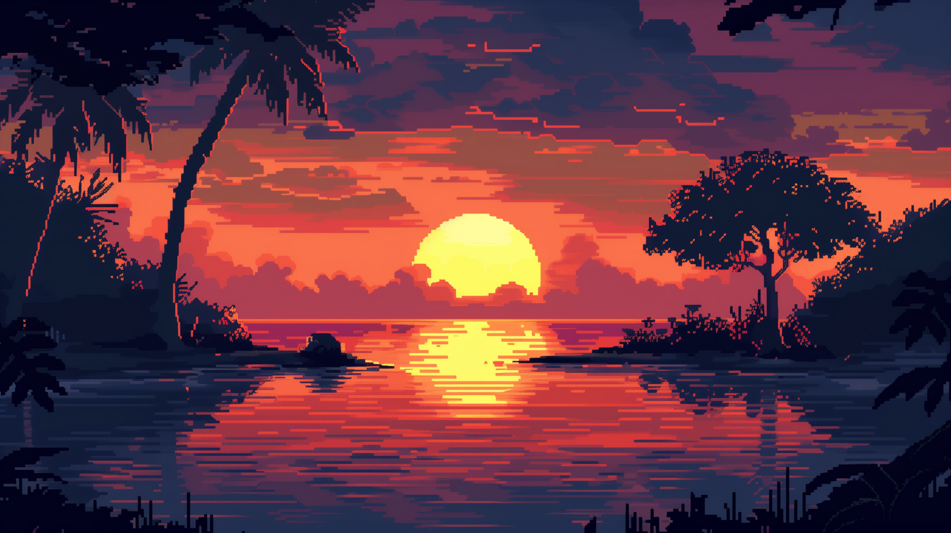 A vibrant pixel art depiction of a jungle at sunset, featuring rich colors and detailed scenery, designed as an HD desktop wallpaper and background.
