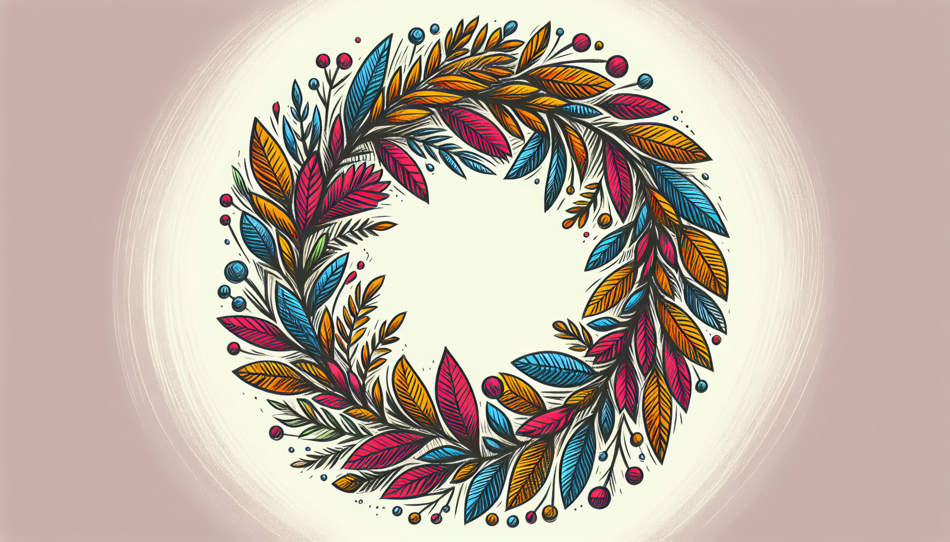 A vibrant, artistic wreath made of colorful leaves and berries, set against a soft background, designed as an HD desktop wallpaper and background.