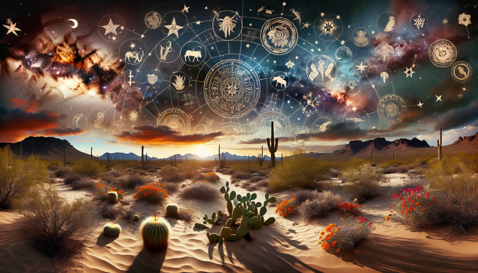 A stunning HD desktop wallpaper featuring a vibrant desert landscape, adorned with cacti and colorful plants, set against a celestial backdrop of zodiac signs and starry skies.