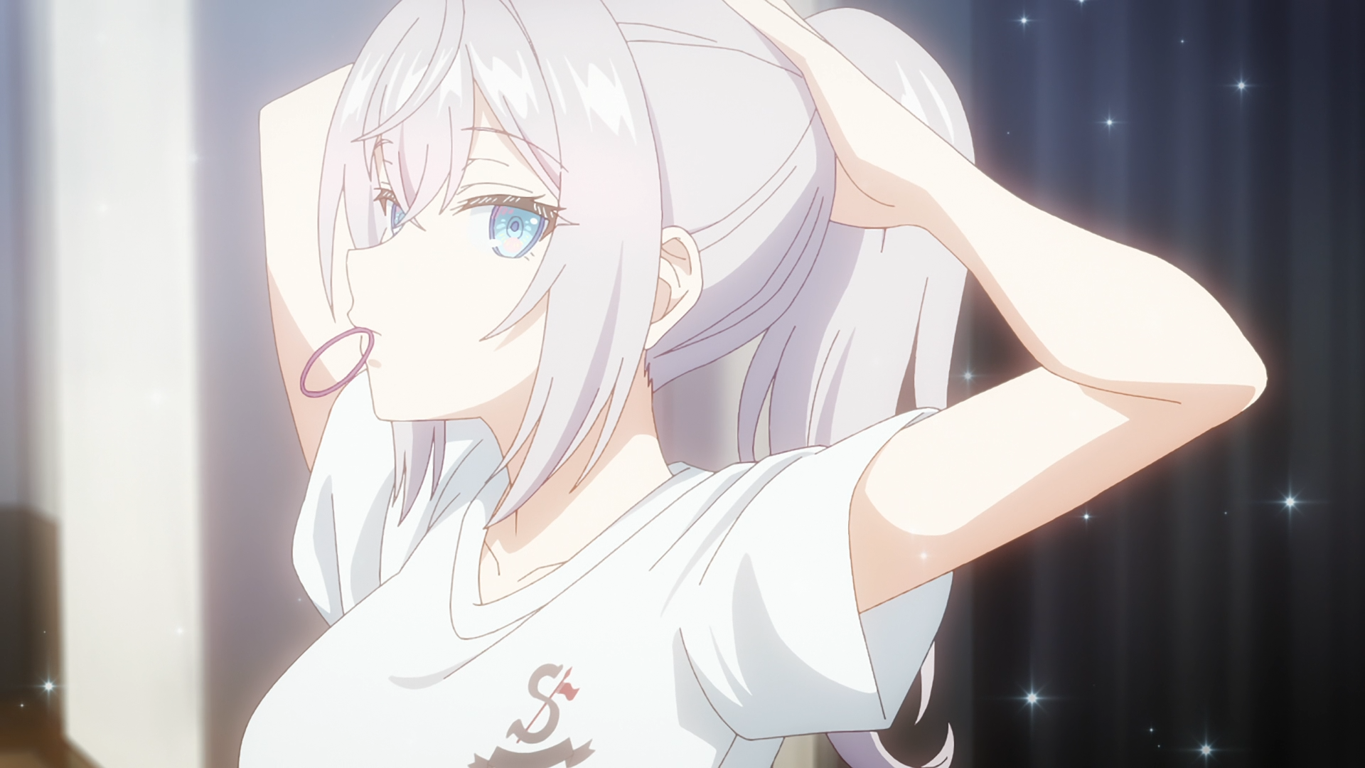 HD anime desktop wallpaper featuring Alisa Mikhailovna Kujou from Alya Sometimes Hides Her Feelings in Russian, with white hair and a contemplative expression.