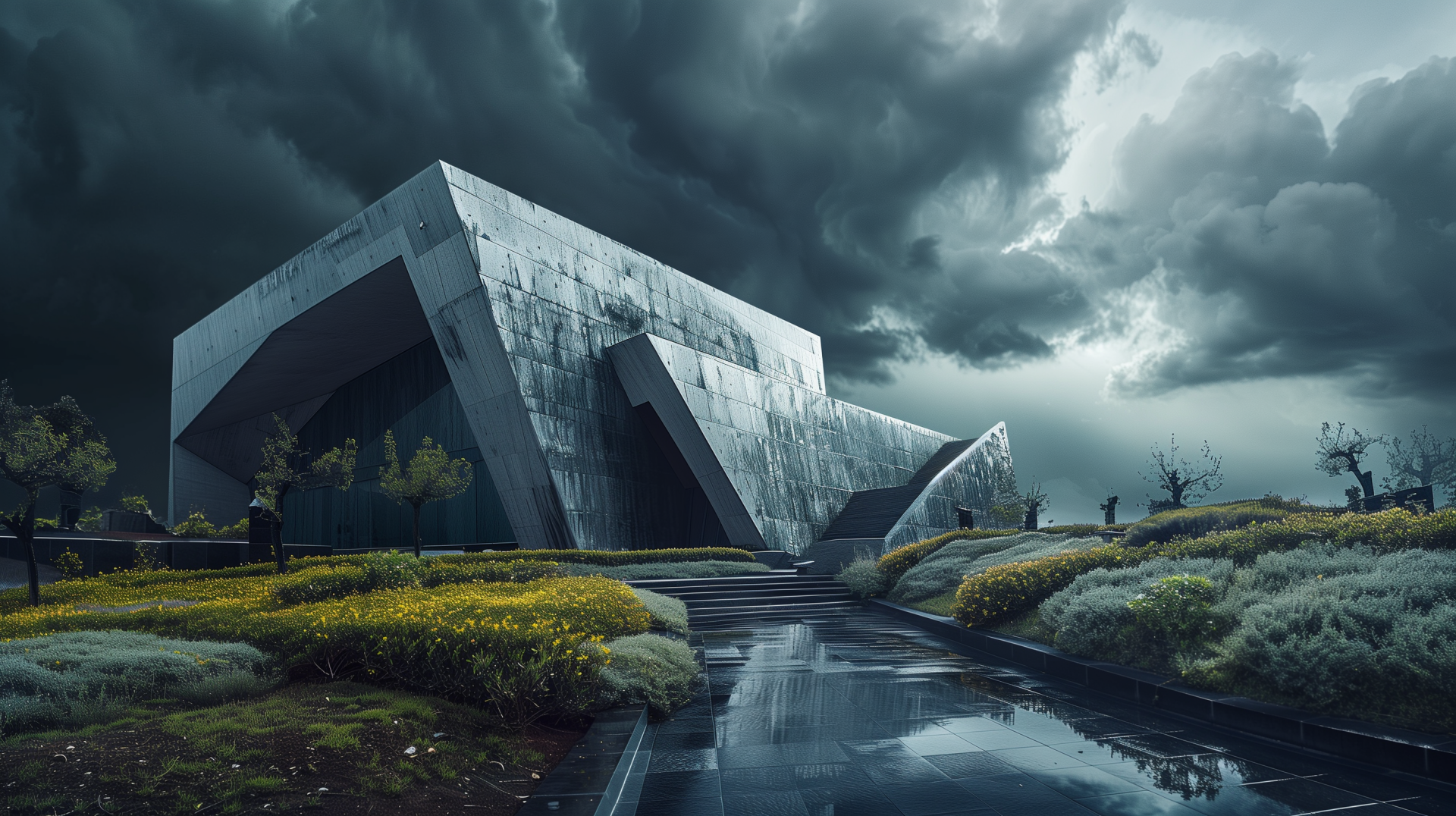 Modern angular architecture stands amidst lush foliage under dramatic cloud-filled skies, reflected in a serene water body in this HD PC desktop wallpaper.
