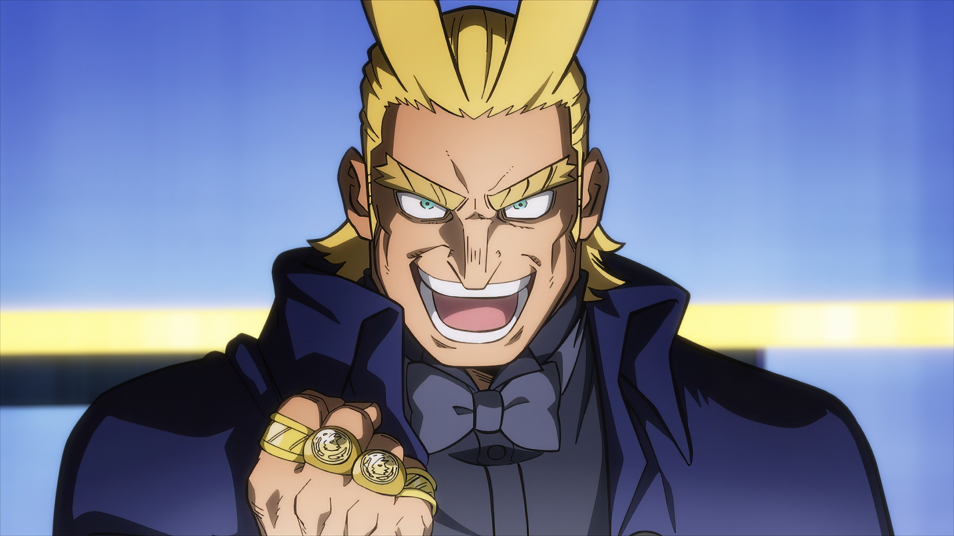 HD wallpaper featuring All Might from My Hero Academia: You're Next, showcasing his confident smile and dynamic expression with bold colors and striking detail.