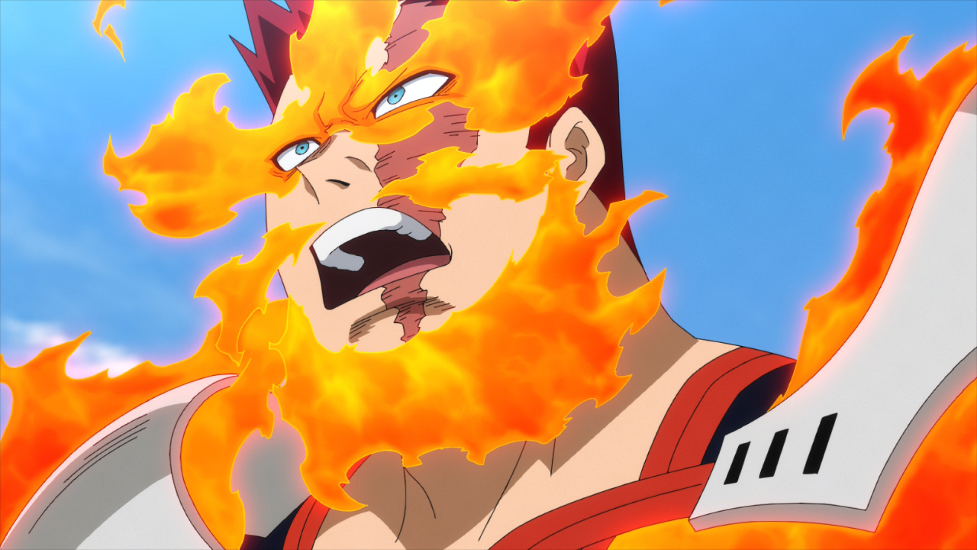 Dynamic HD wallpaper featuring Endeavor from My Hero Academia: You're Next, showcasing his fierce expression and fiery powers against a vibrant blue sky.
