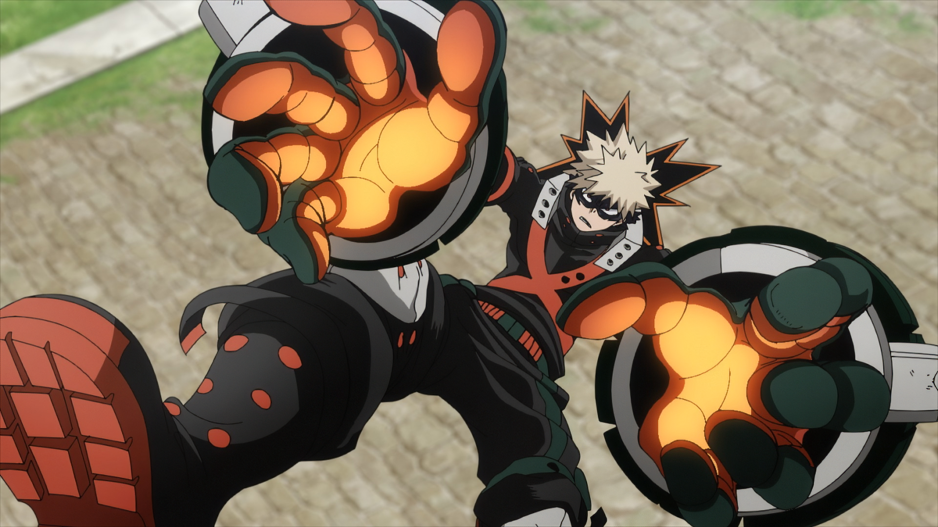 Anime-themed HD desktop wallpaper featuring Katsuki Bakugou from My Hero Academia: You're Next, showcasing him launching an attack with explosive orange energy hands.