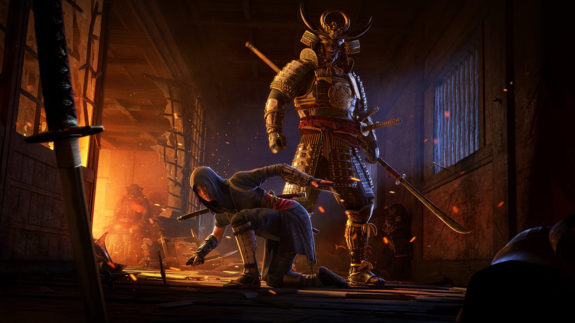 8K Ultra HD Assassin's Creed Shadows PC wallpaper depicting a stealthy assassin avoiding a towering armored samurai warrior in a dimly lit, detailed interior setting.