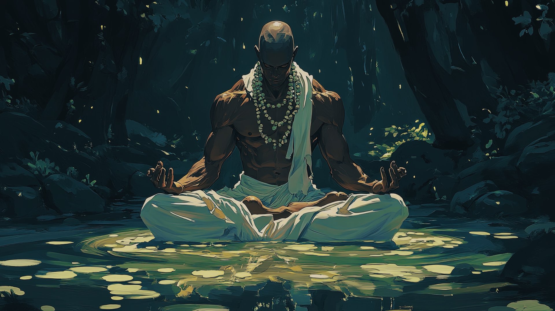 A martial artist meditates cross-legged by a serene pond in a dark forest, depicted in stunning 8K Ultra HD detail for a PC desktop wallpaper.