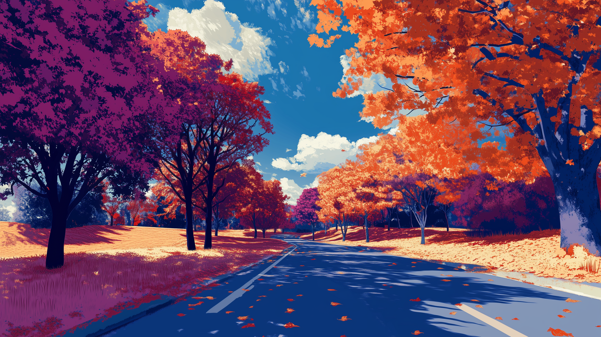 A serene road surrounded by vibrant autumn foliage, capturing the essence of fall weather. This HD wallpaper invites a tranquil outdoor feeling.
