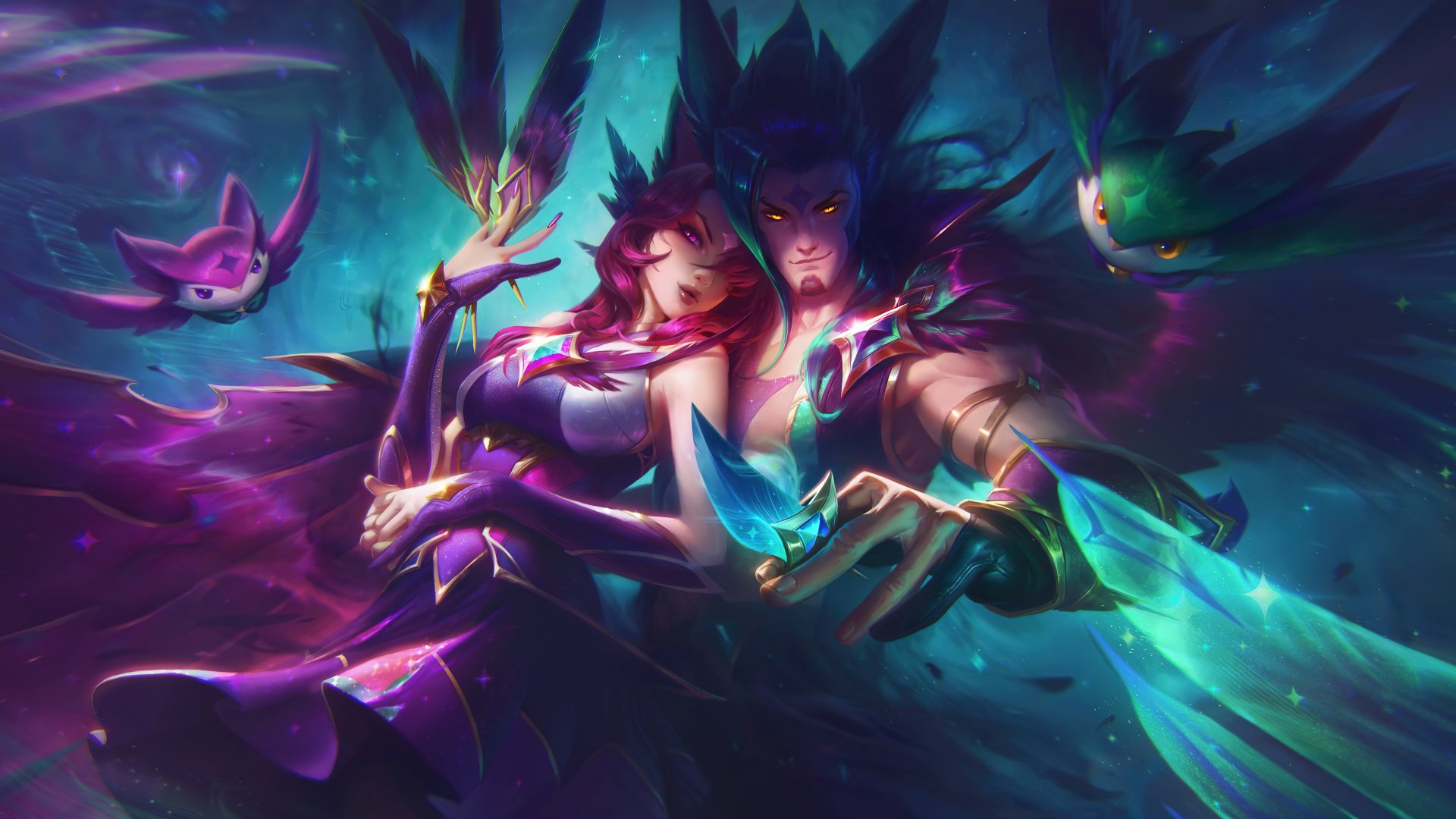 HD wallpaper featuring Xayah and Rakan from League of Legends as Star Guardians, capturing their vibrant and dynamic design in an engaging video game theme.