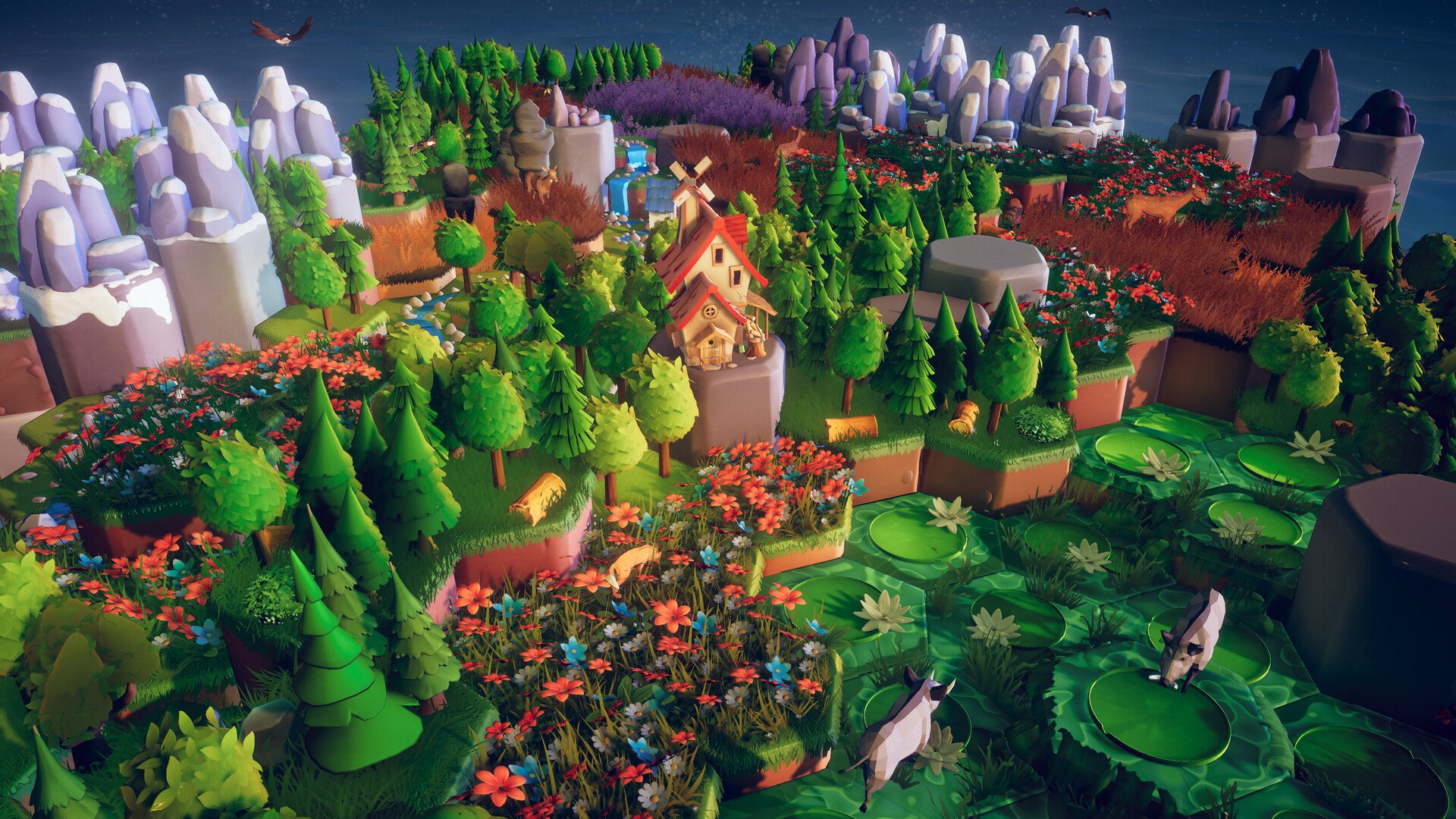 A vibrant HD desktop wallpaper depicting a lush, colorful landscape from the video game Preserve, featuring flowers, trees, a quaint house, and playful animals.