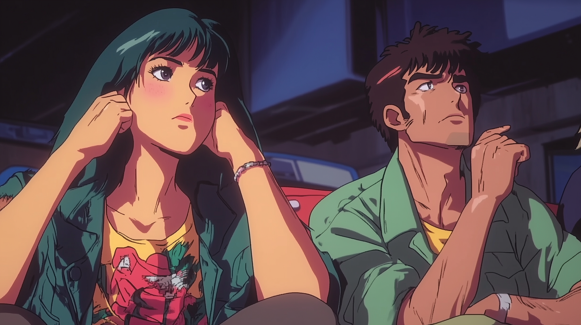 A retro anime scene featuring two characters deep in thought, set against a vibrant background. This HD desktop wallpaper offers a nostalgic touch for anime enthusiasts.