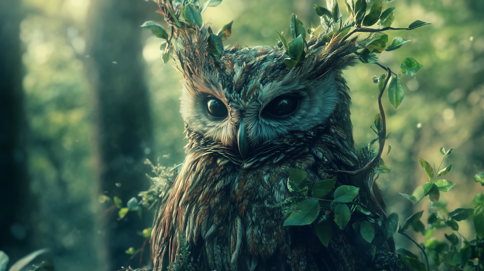 A captivating HD desktop wallpaper featuring a mystical owl in a serene woodland setting, embodying the enchanting essence of fantasy and nature's beauty.