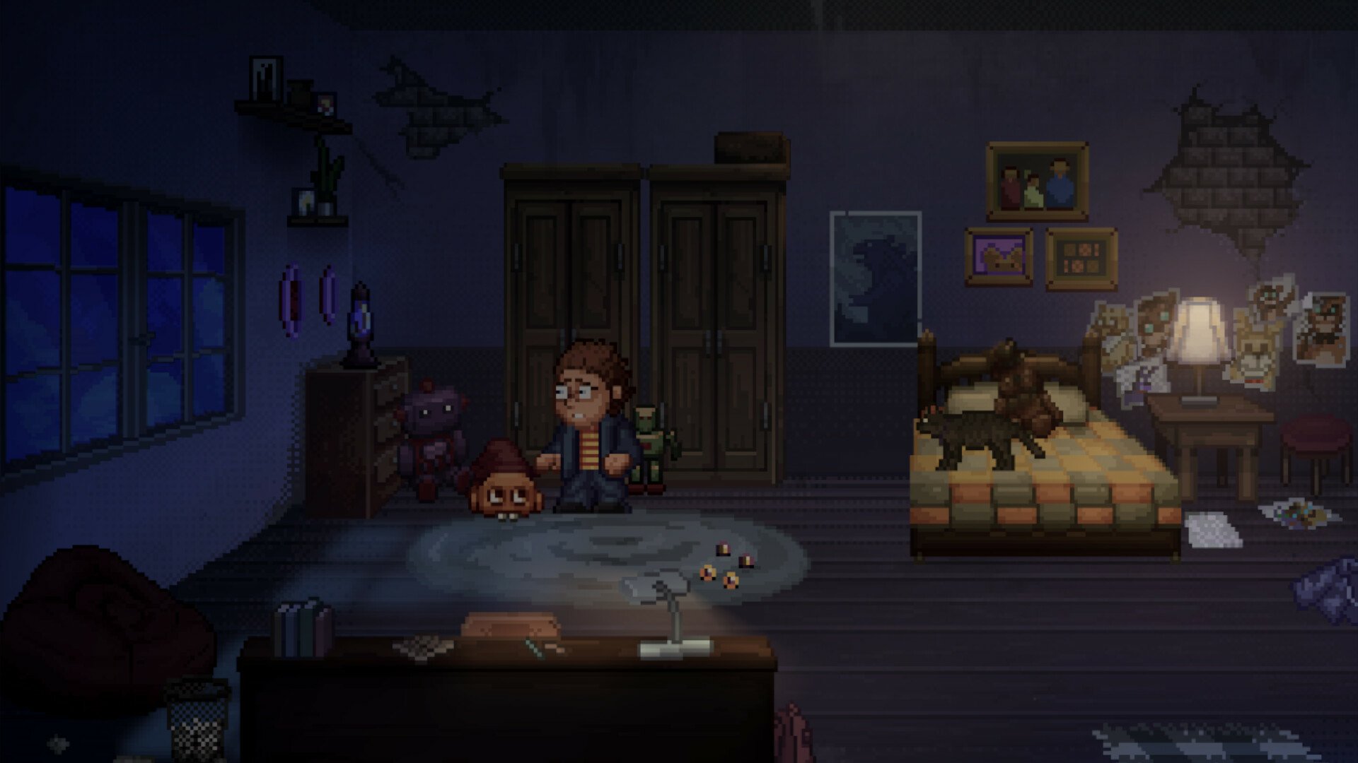 A HD desktop wallpaper featuring scenes and characters from the video game Five Nights at Freddy's: Into the Pit, capturing its eerie atmosphere and unique art style.