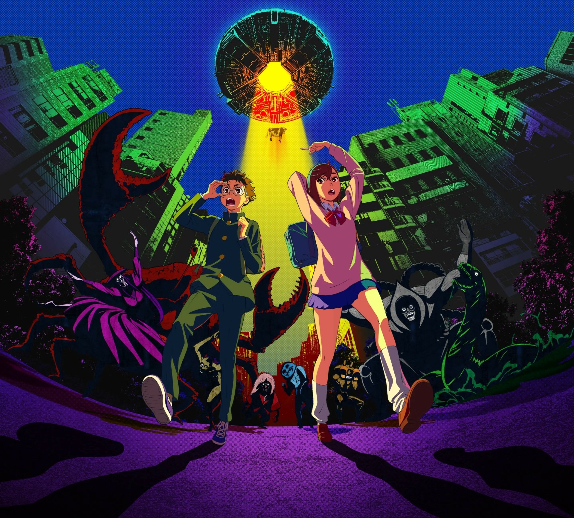 HD anime PC desktop wallpaper featuring Momo Ayase and Ken Takakura from Dandadan running through a cityscape with giant scorpion claws and eerie creatures.