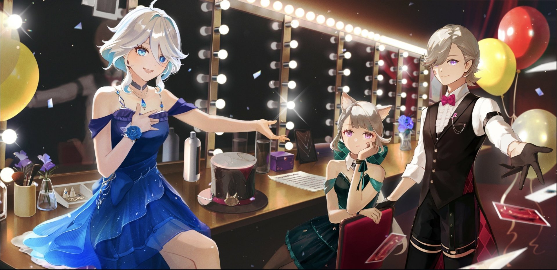 HD PC wallpaper featuring Genshin Impact characters Furina, Lynette, and Lyney posing together in a brightly lit dressing room with mirrors and makeup lights.