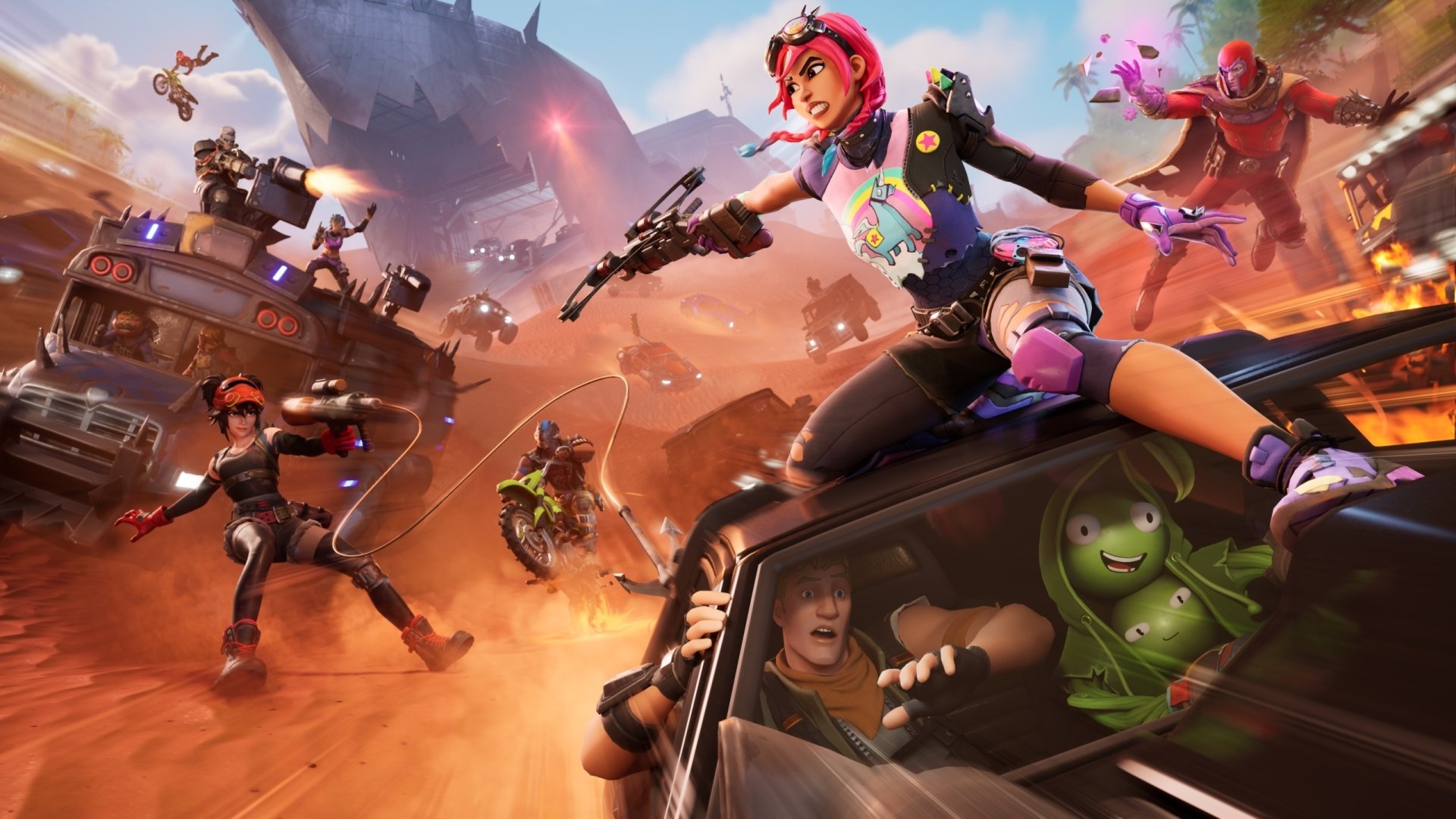 HD Fortnite PC desktop wallpaper featuring dynamic characters in an intense battle scene with vibrant colors and action-packed background.