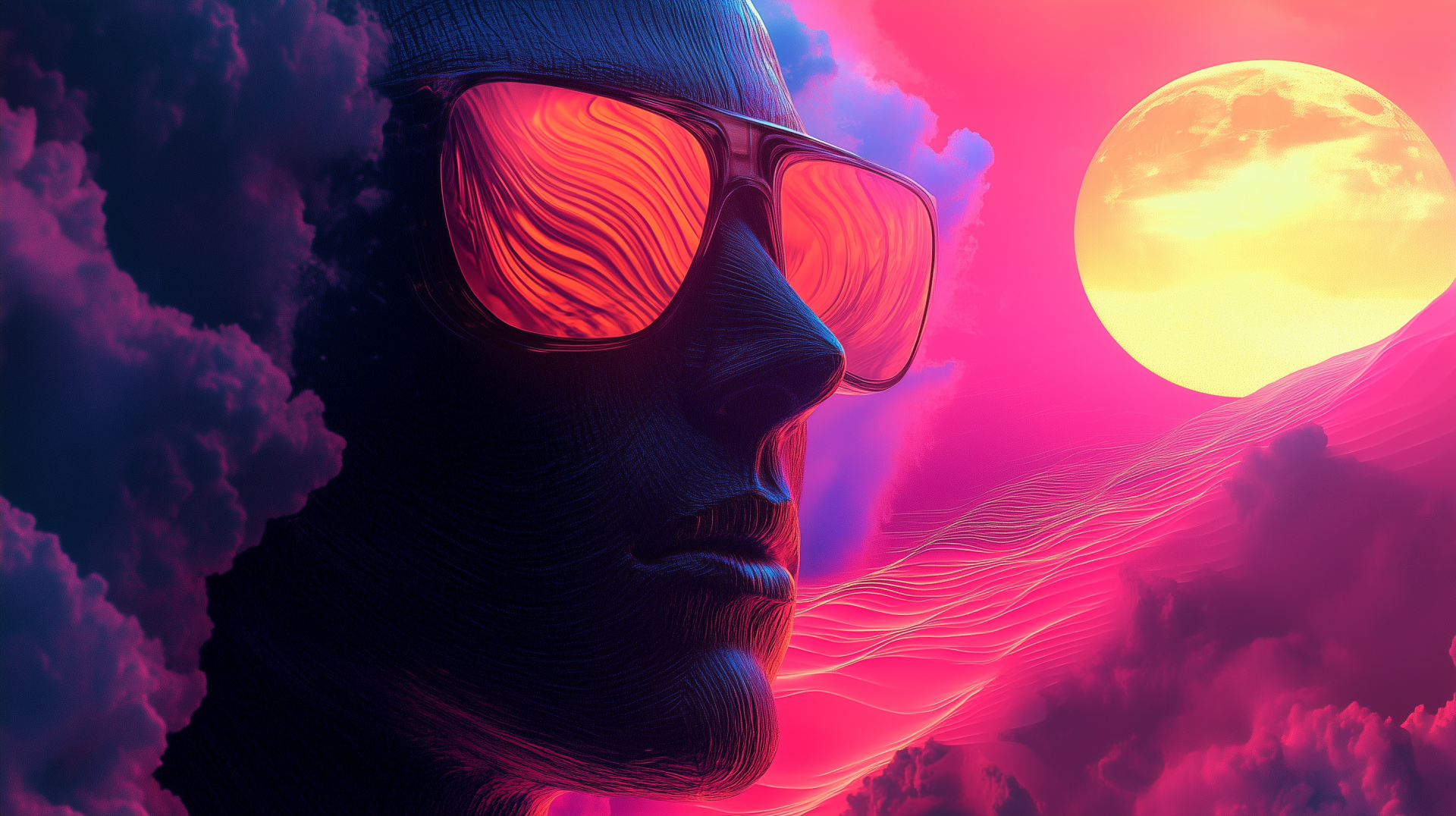 A vibrant acidwave design featuring a stylized figure wearing sunglasses, surrounded by colorful clouds and a celestial sun, creating a striking HD desktop wallpaper.