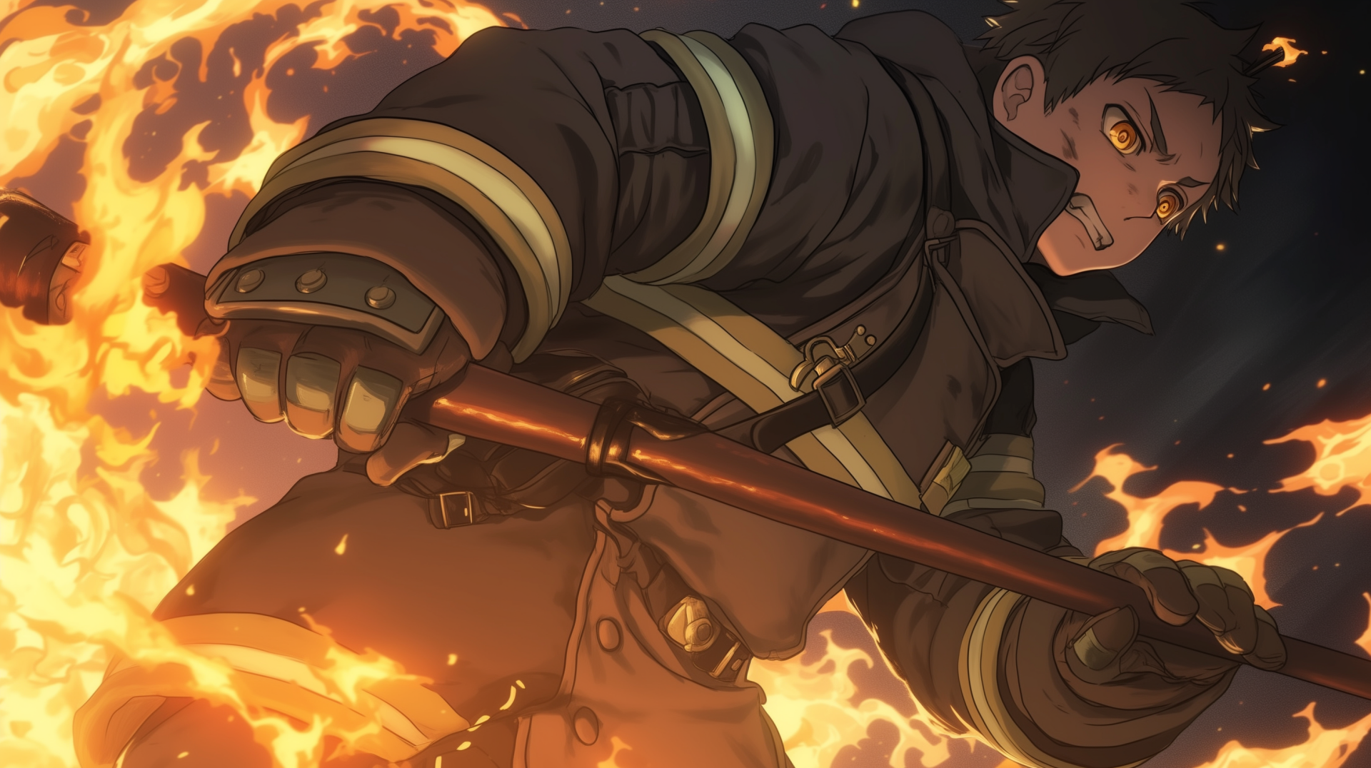 An HD desktop wallpaper featuring Shinra Kusakabe from Fire Force, dramatically wielding a weapon amidst roaring flames, showcasing his fierce determination and heroic spirit.