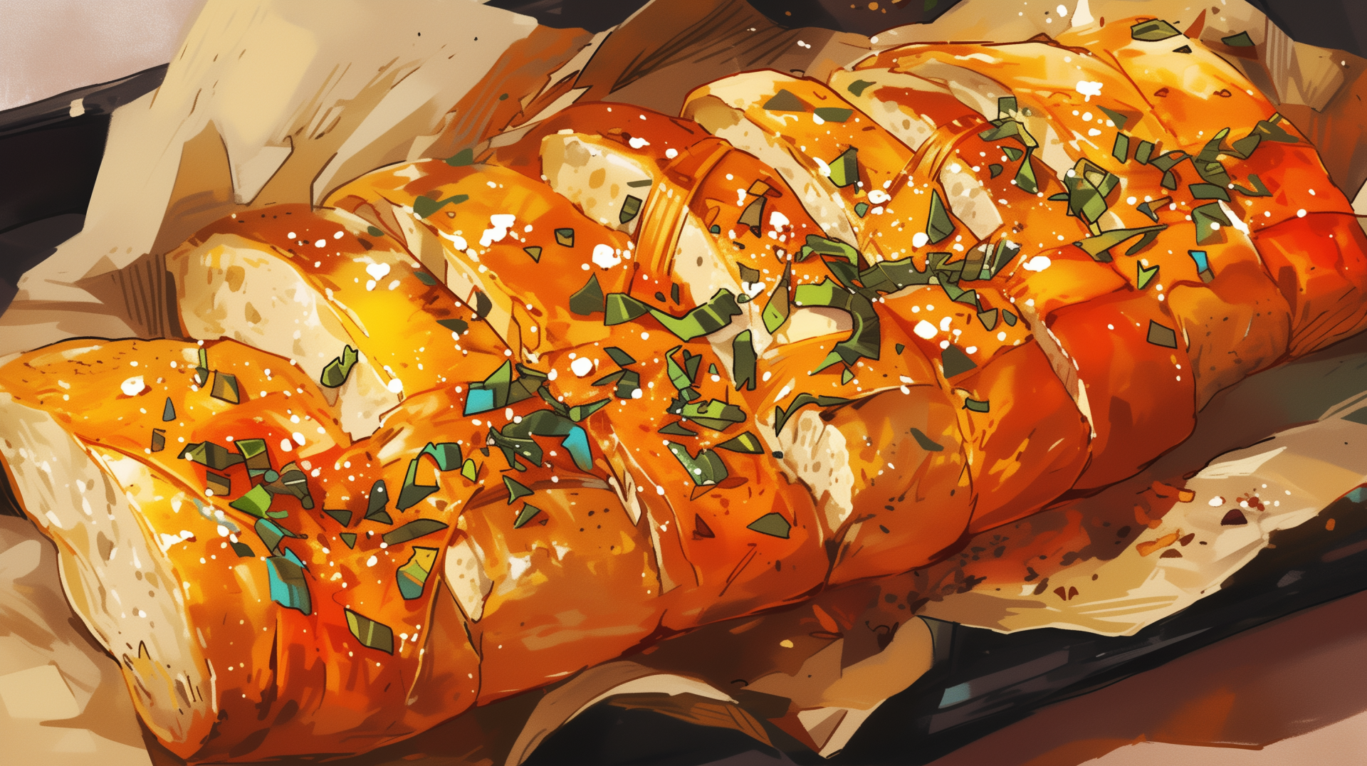 A beautifully presented garlic bread, sliced and garnished with herbs, showcased as a vibrant HD desktop wallpaper and background.