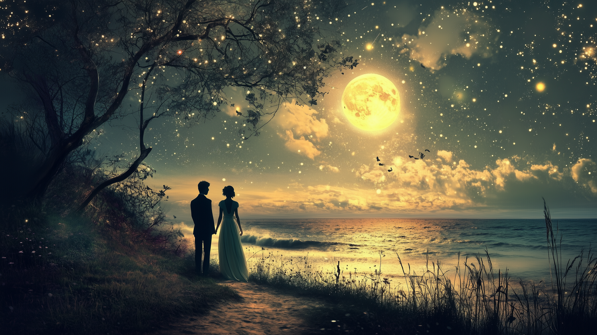 A romantic couple stands hand in hand by the shore, gazing at a glowing moon over a starry sky, creating a serene and enchanting atmosphere in this HD wallpaper.
