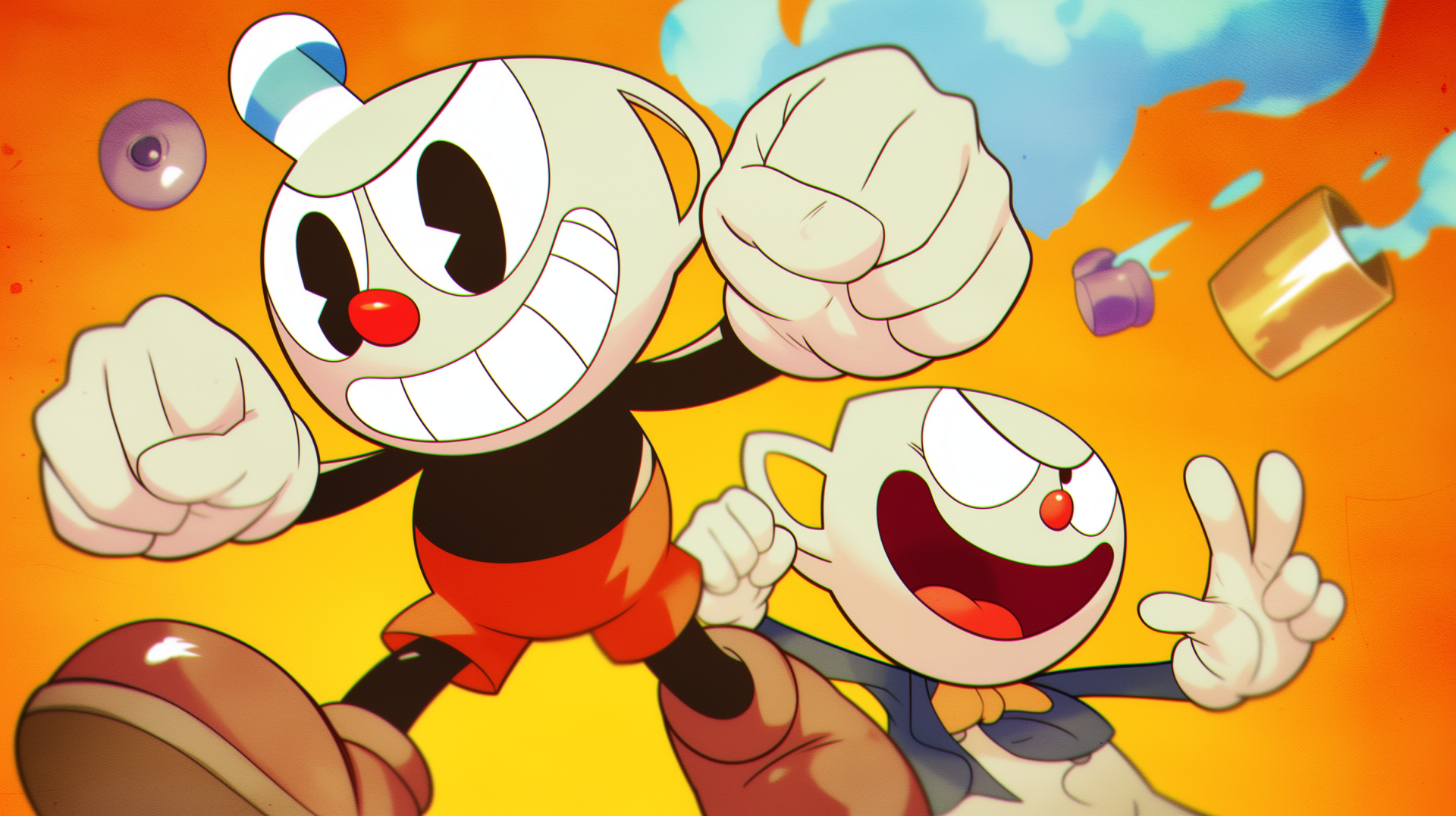 A vibrant HD desktop wallpaper featuring characters from the video game Cuphead, showcasing Cuphead and Mugman with energetic expressions against a colorful background.