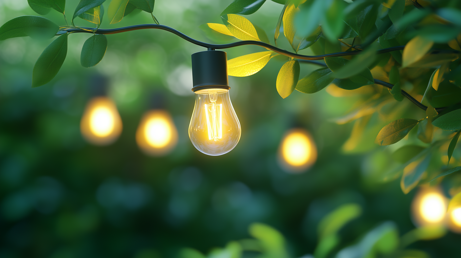 A vibrant HD desktop wallpaper featuring a glowing light bulb surrounded by lush green nature, creating a serene and inviting atmosphere.