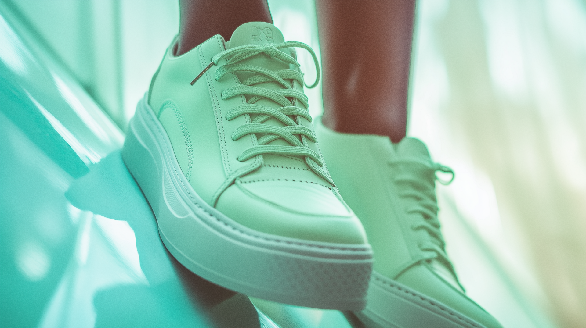 A pastel green aesthetic shoe set against a soft background, designed as an HD desktop wallpaper that adds a fresh and stylish touch to your screen.