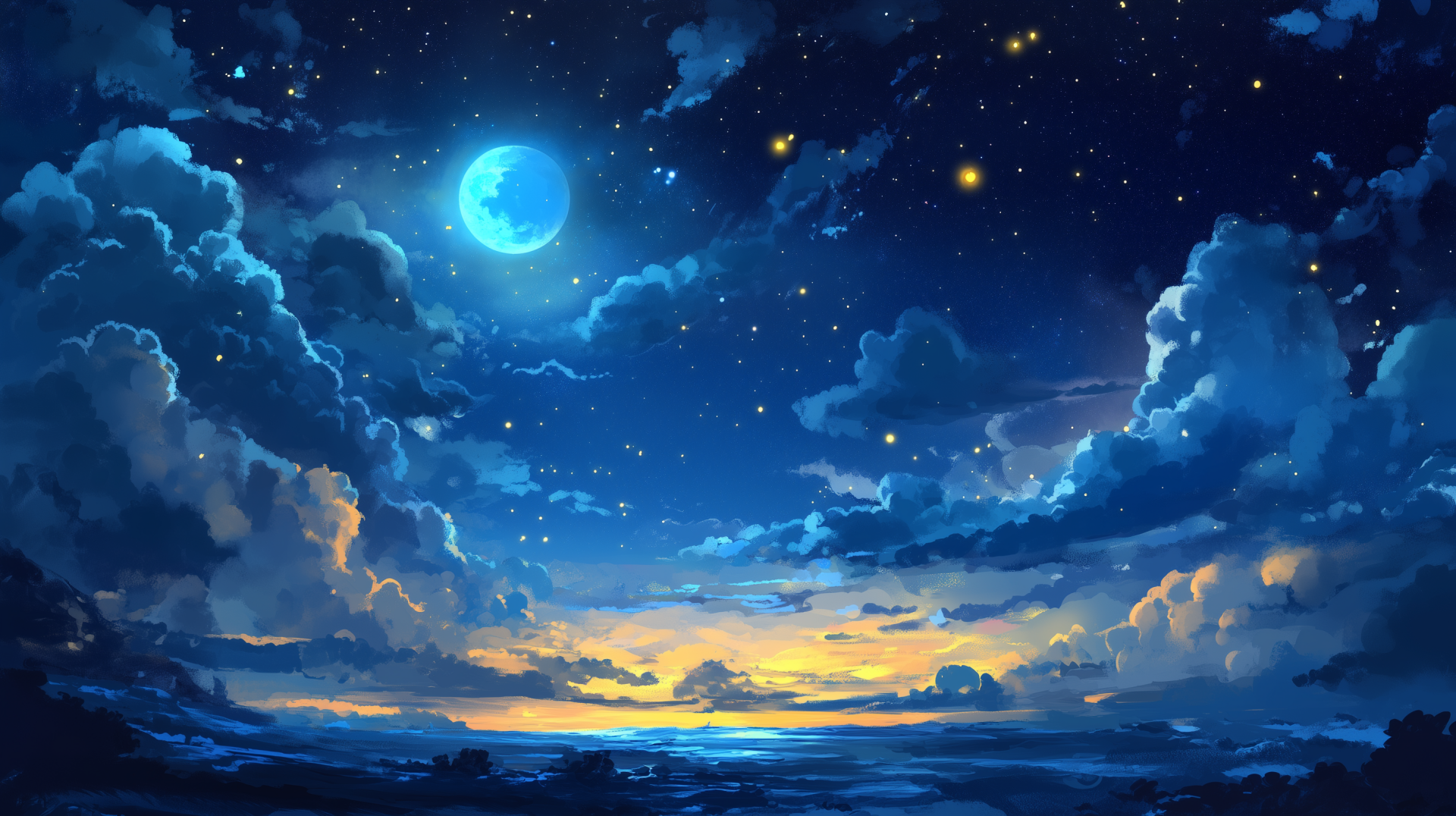 HD desktop wallpaper of a moonlit night sky filled with stars, glowing clouds, and a bright full moon illuminating the serene landscape below.