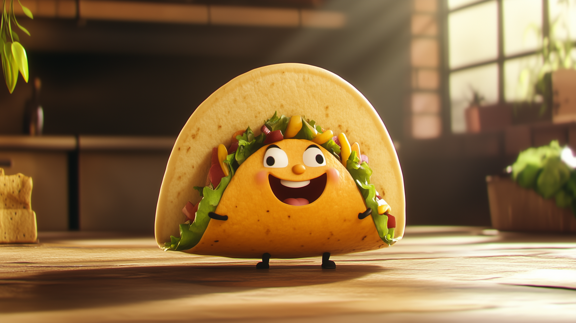 A cheerful, smiling cartoon taco stands in a sunlit kitchen, surrounded by fresh ingredients. This HD wallpaper adds a fun and playful touch to any desktop background.