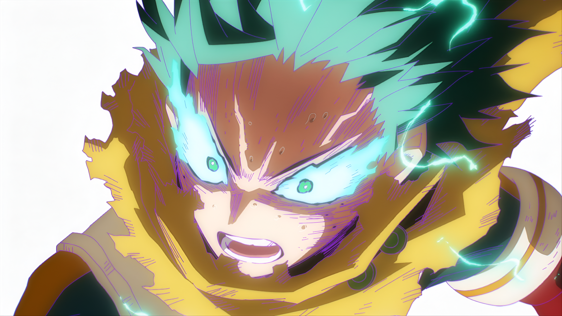 Dynamic 4K Ultra HD desktop wallpaper featuring Izuku Midoriya from My Hero Academia, showcasing intense energy and determination in vibrant anime style.
