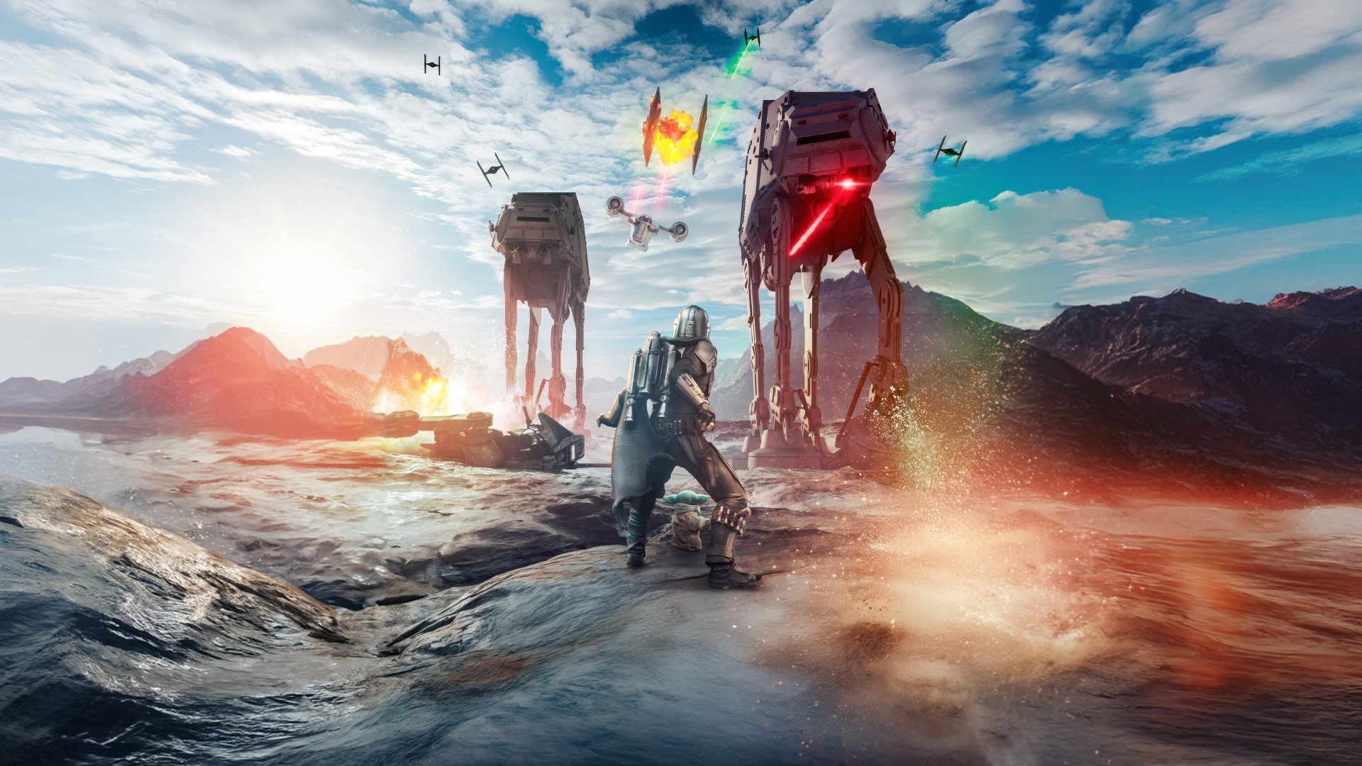 4K Ultra HD desktop wallpaper featuring The Mandalorian amidst a battle with AT-AT walkers and starfighters under a dramatic sky.