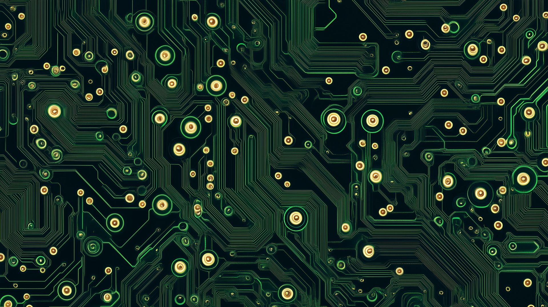 A high-definition desktop wallpaper featuring a detailed circuit board design, showcasing intricate lines and glowing nodes on a dark background.