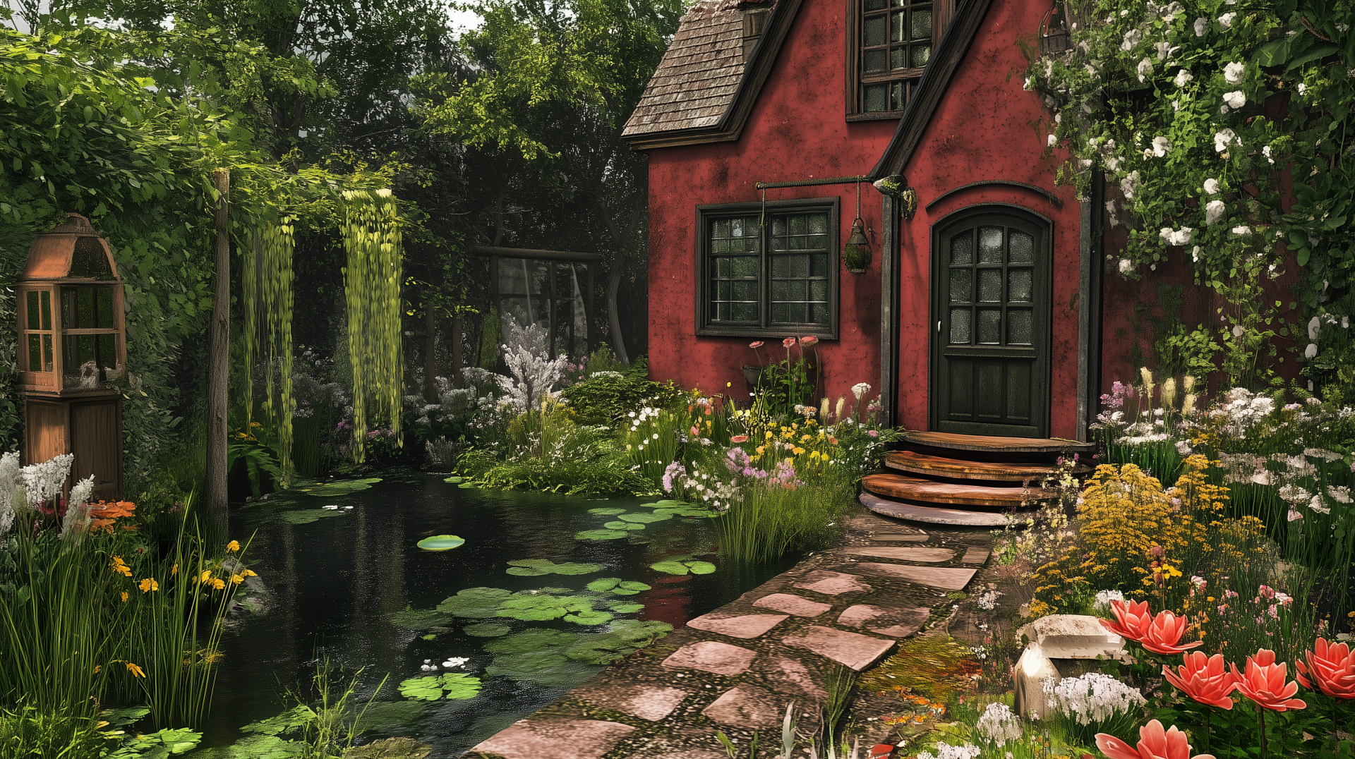 A serene cottagecore garden featuring lush greenery and charming flowers, captured in high definition for a beautiful desktop wallpaper and background.
