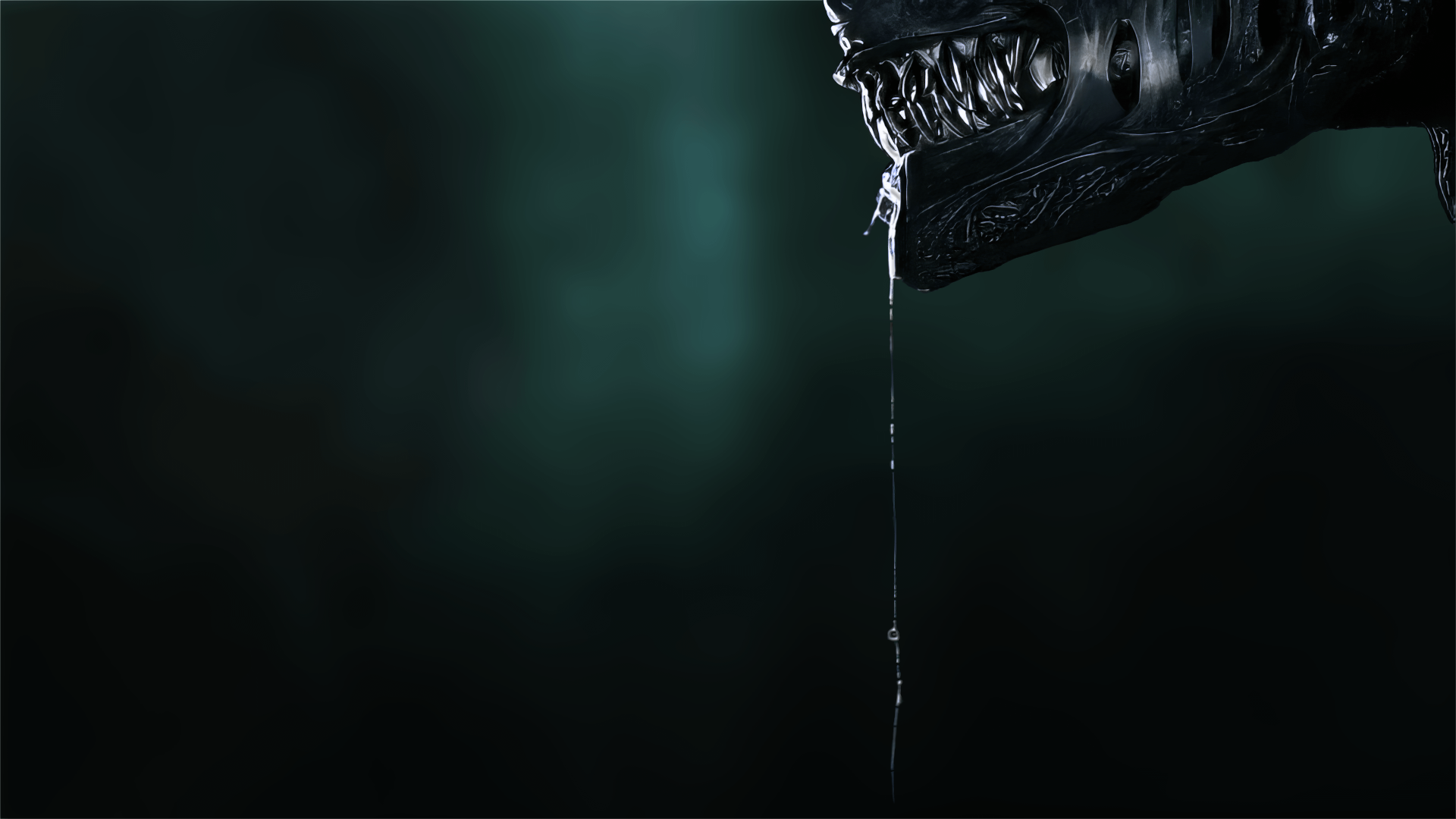 A dramatic HD wallpaper from the movie Alien: Romulus, featuring a close-up of an alien creature with a dripping jaw against a dark, moody background.
