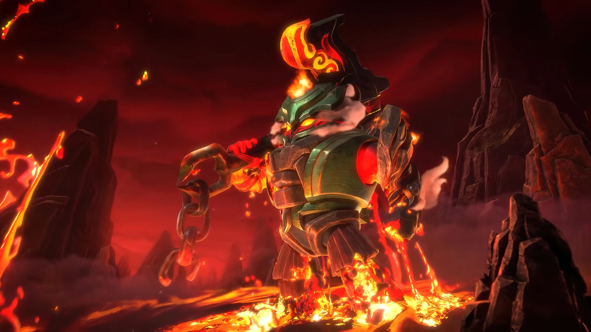 A striking HD desktop wallpaper featuring Nautilus from League of Legends, depicted amidst a fiery, volcanic landscape with dramatic lighting and vivid colors.