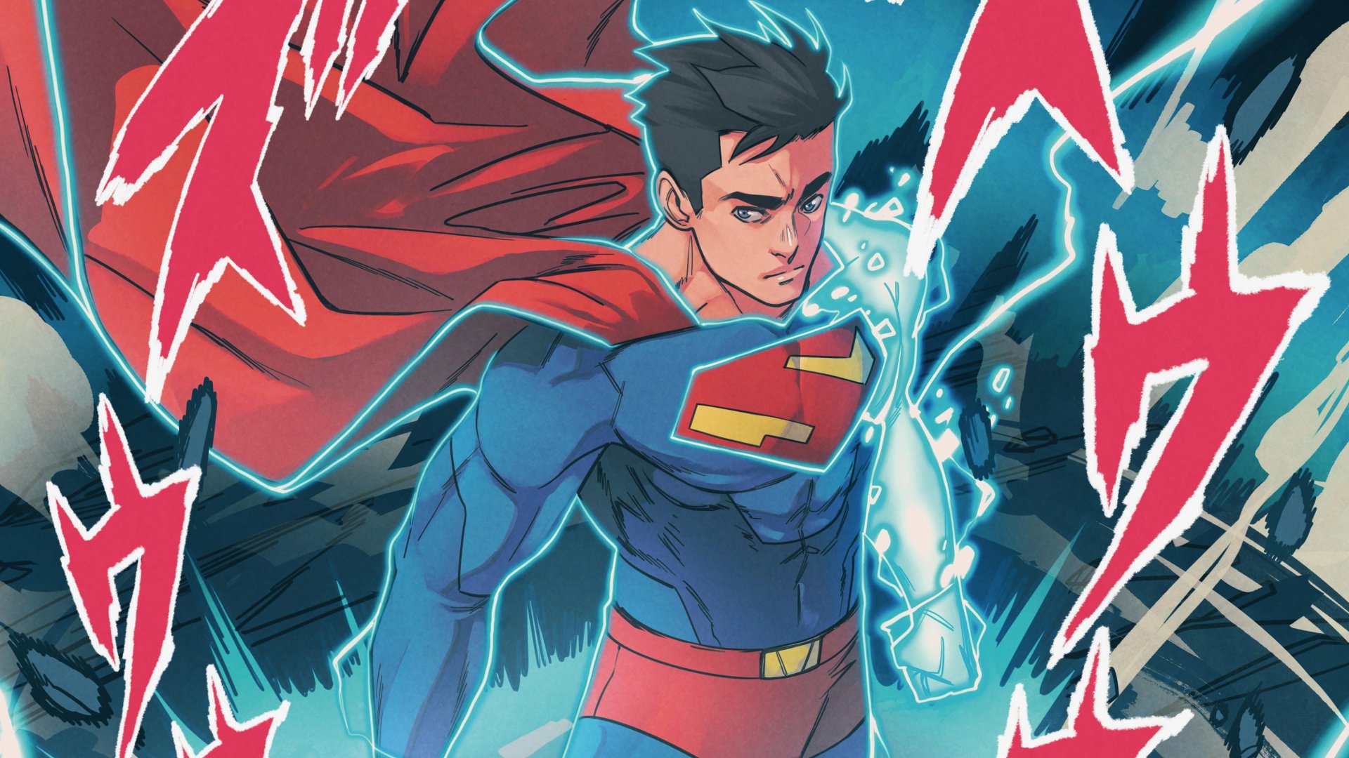 A dynamic 4K Ultra HD PC desktop wallpaper featuring Superman from My Adventures With Superman, showcasing him with electric energy and his iconic red cape.