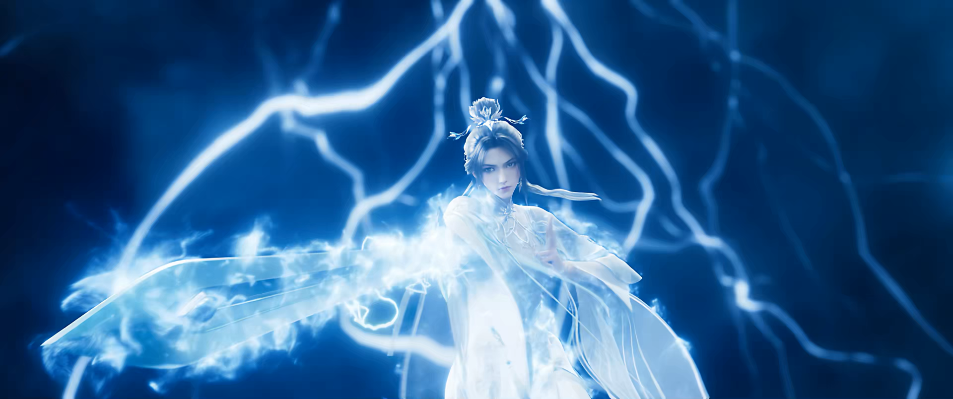 An ethereal character from the TV show Zhu Xian Jade Dynasty commands mystical energy, surrounded by vibrant blue lightning, showcased in this HD desktop wallpaper.