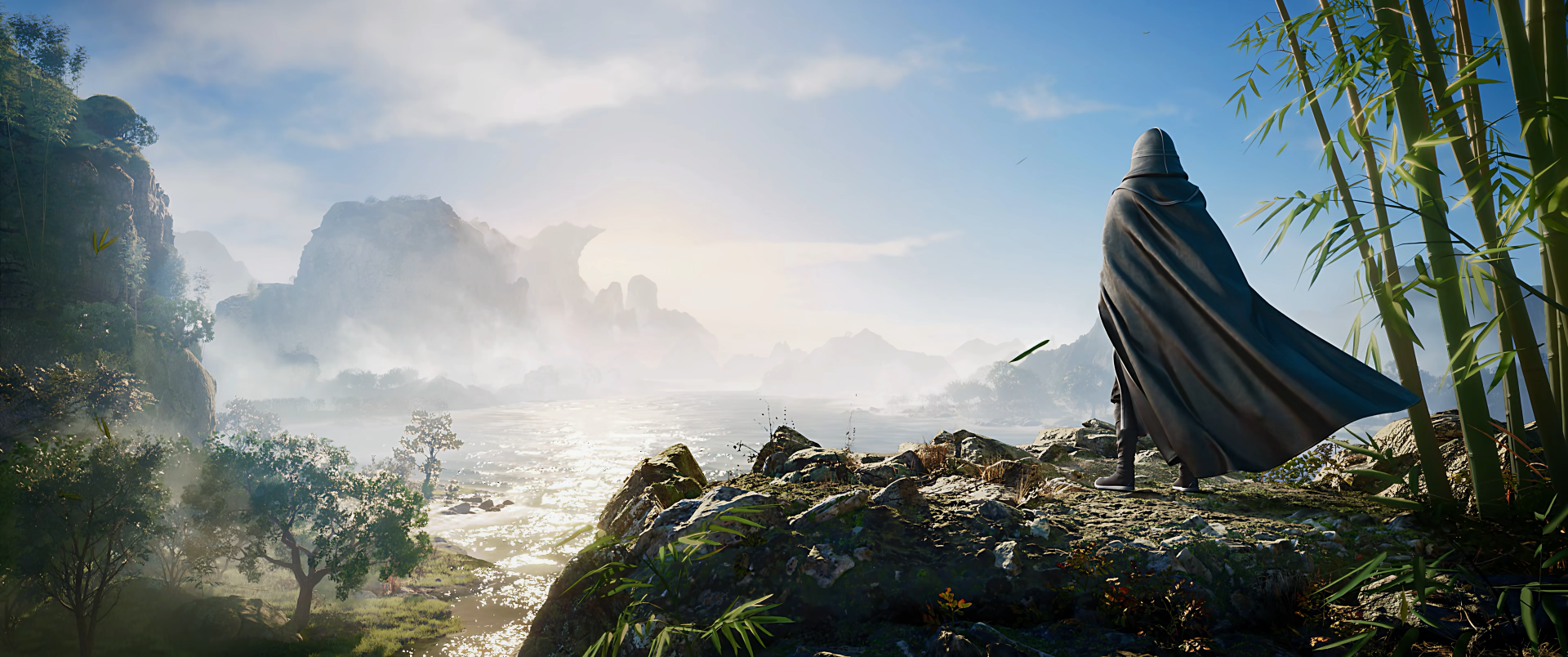 A serene landscape from the TV show Zhu Xian Jade Dynasty, featuring a cloaked figure overlooking a tranquil sea and distant mountains, set against a bright sky. HD wallpaper background.