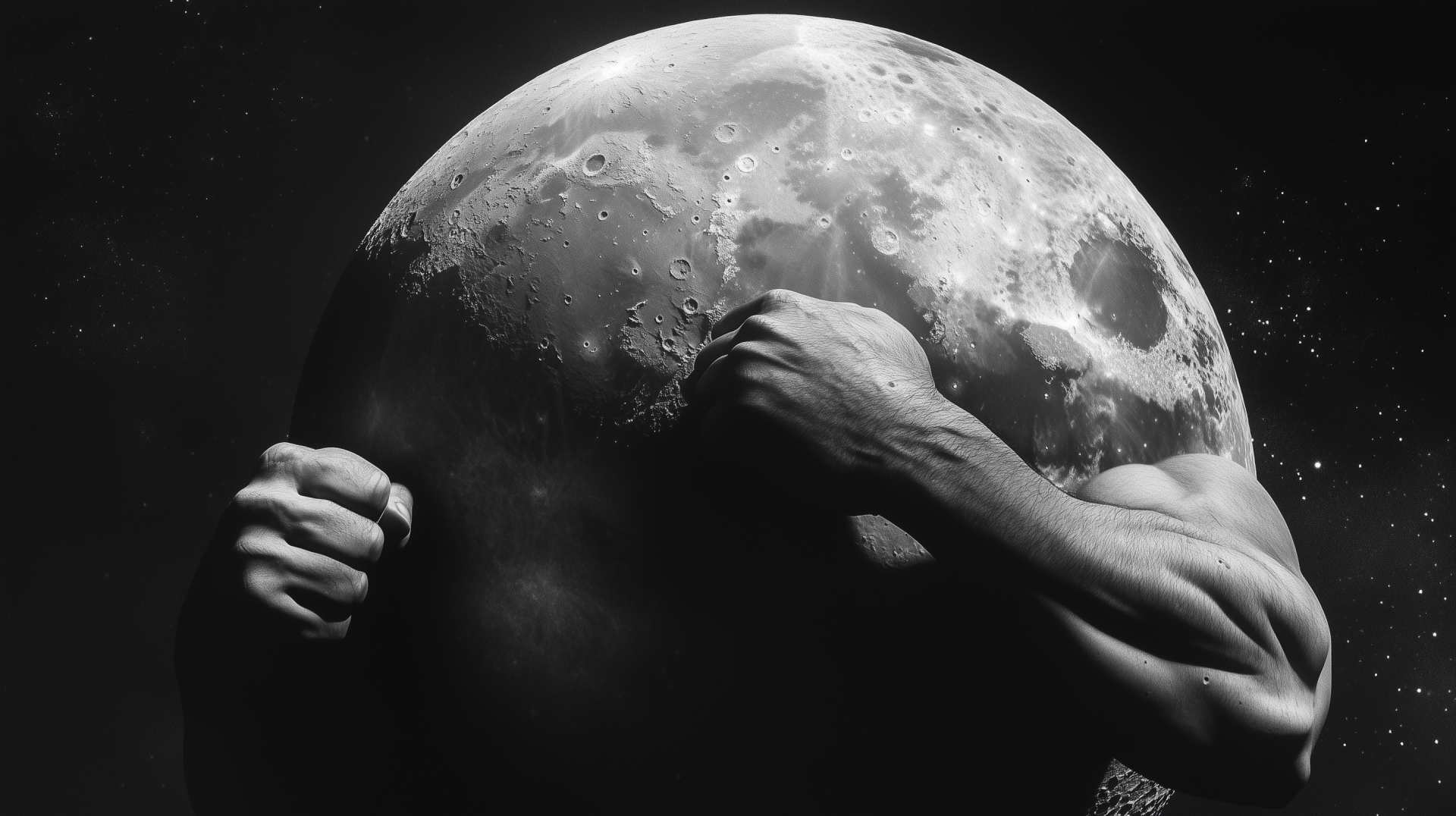 A powerful depiction of muscular arms breaking through the moon, set against a dramatic black and white background, creating an impactful and striking HD desktop wallpaper.