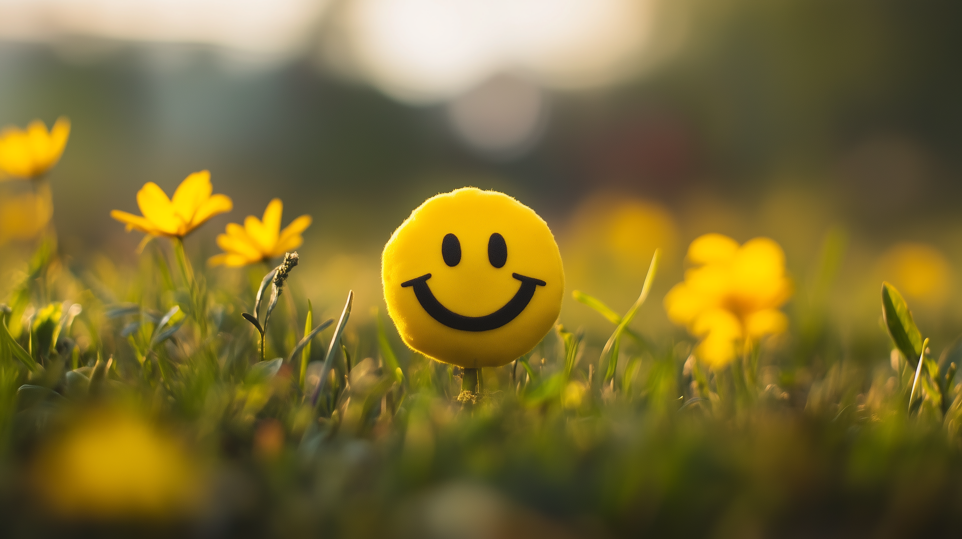 A vibrant HD wallpaper featuring a cheerful smiley face surrounded by yellow flowers, radiating happiness and positivity in a natural outdoor setting.