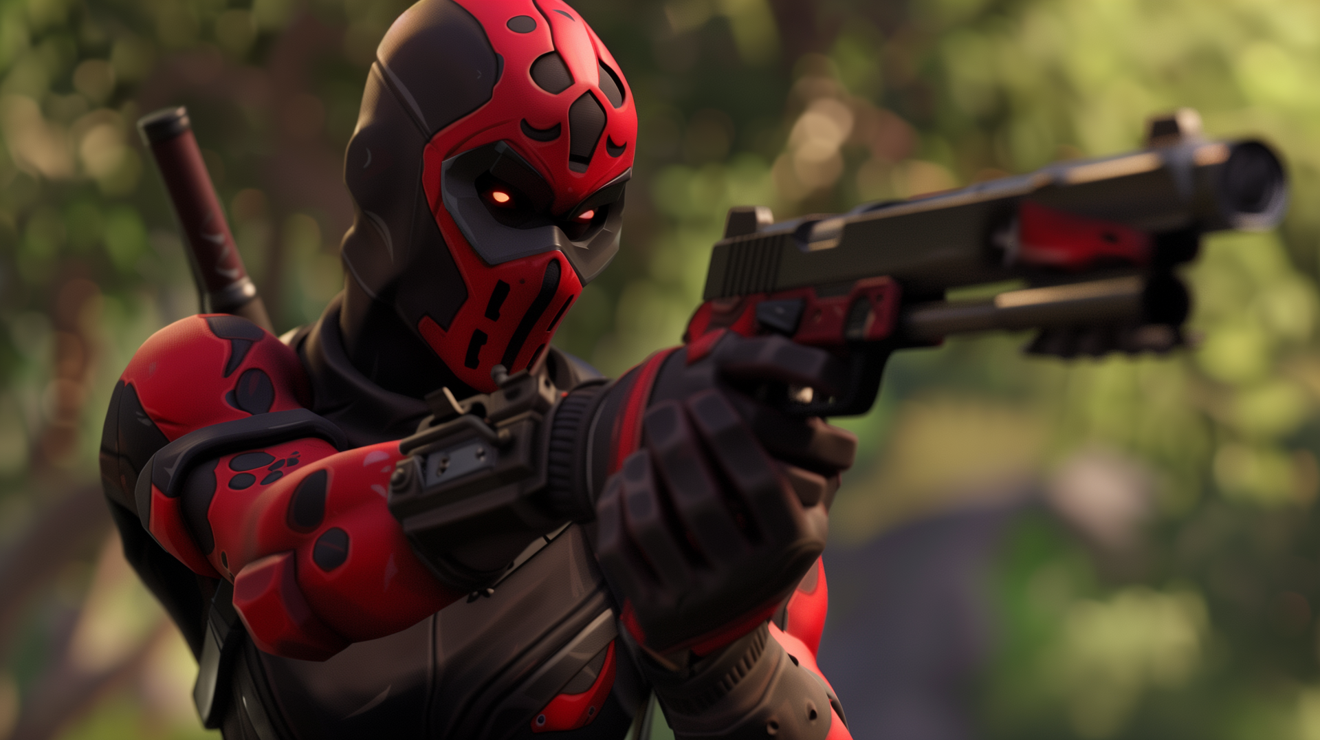 A dynamic HD wallpaper featuring a Fortnite character in a striking red and black suit, aiming a pistol against a lush green backdrop, showcasing the game’s intense action.