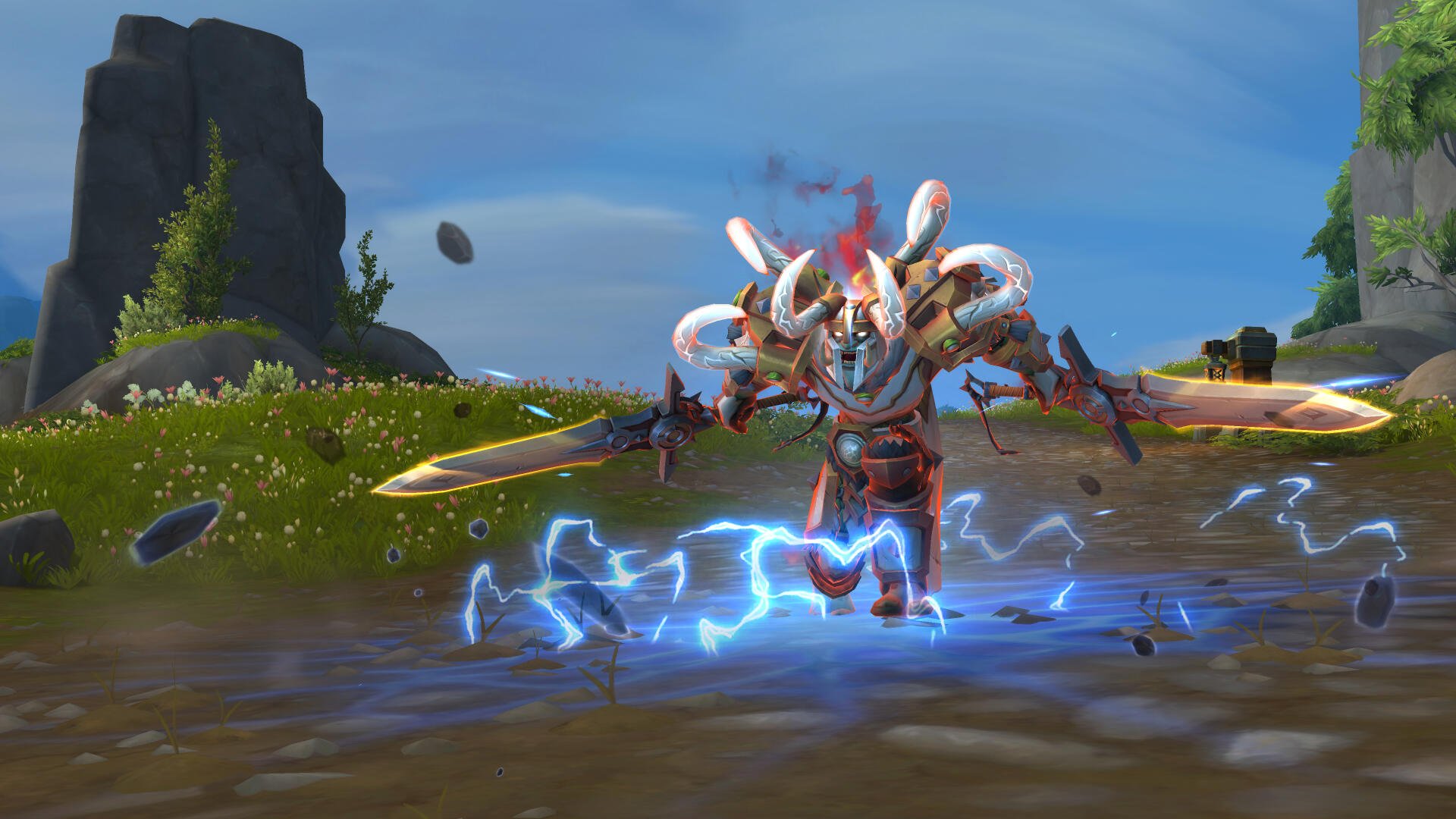 A warrior clad in ornate armor, wielding a large sword, charges forward amidst a backdrop of lightning and a vibrant landscape, inspired by World of Warcraft: The War Within.