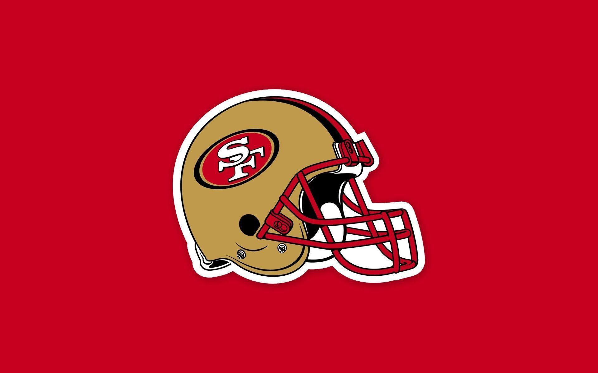 San Francisco 49ers NFL football helmet displayed on a red background, designed as a HD PC desktop wallpaper and background.