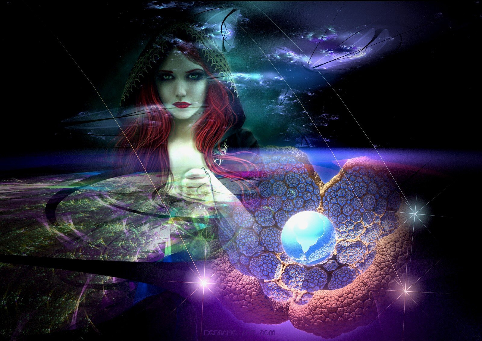 Fantasy-themed HD PC desktop wallpaper featuring a mystical woman with flowing red hair, ethereal light effects, and a glowing orb set against a dark, artistic background.