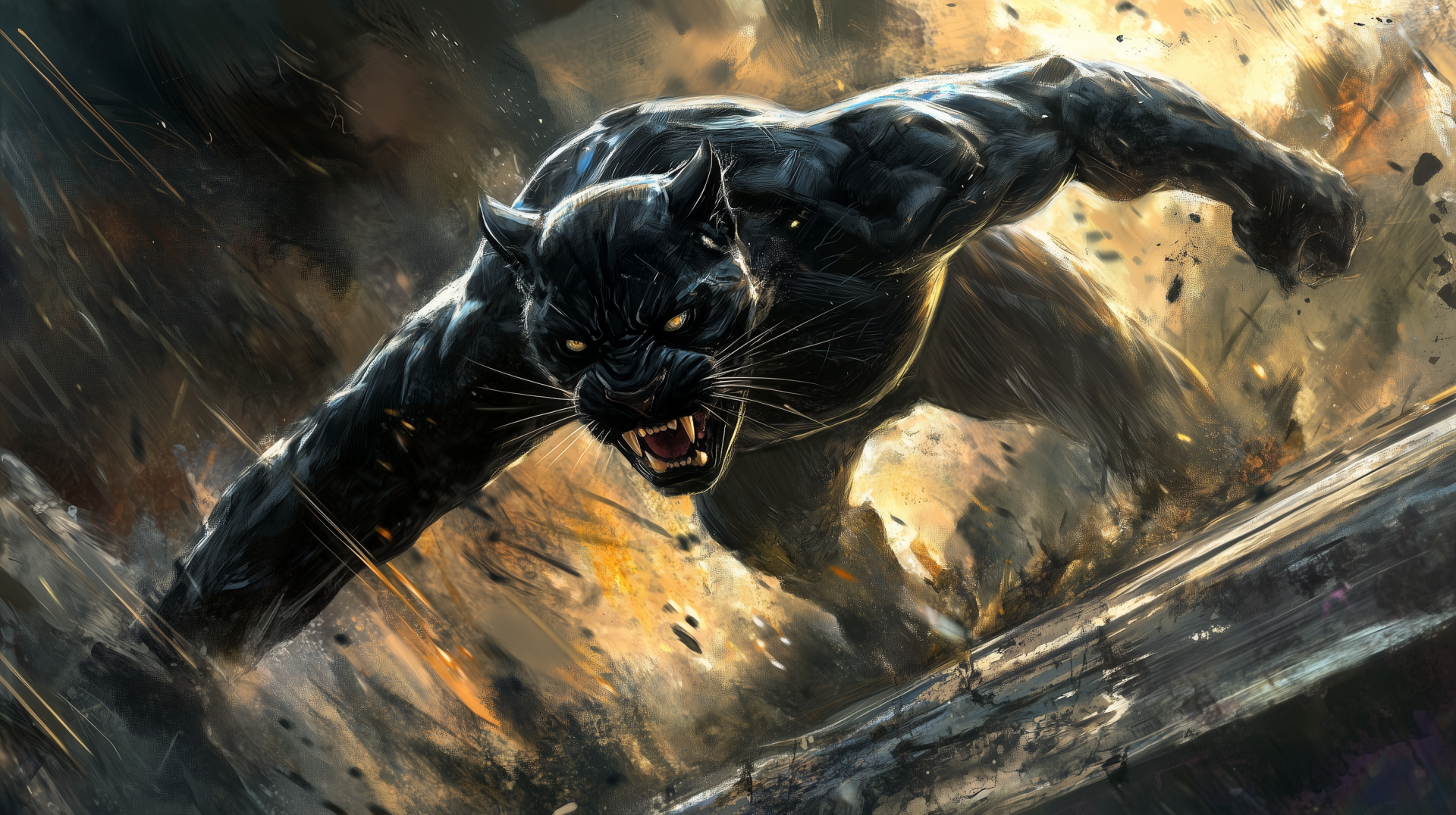 A striking black panther lunges through a dynamic, explosive background, showcasing its power and grace in this HD desktop wallpaper. Fierce and captivating, it commands attention.