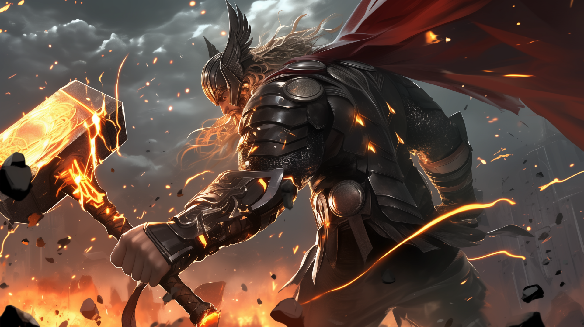 A stunning HD comic wallpaper featuring Thor, the Norse god, in an action pose wielding his iconic hammer, set against a dramatic, stormy backdrop.