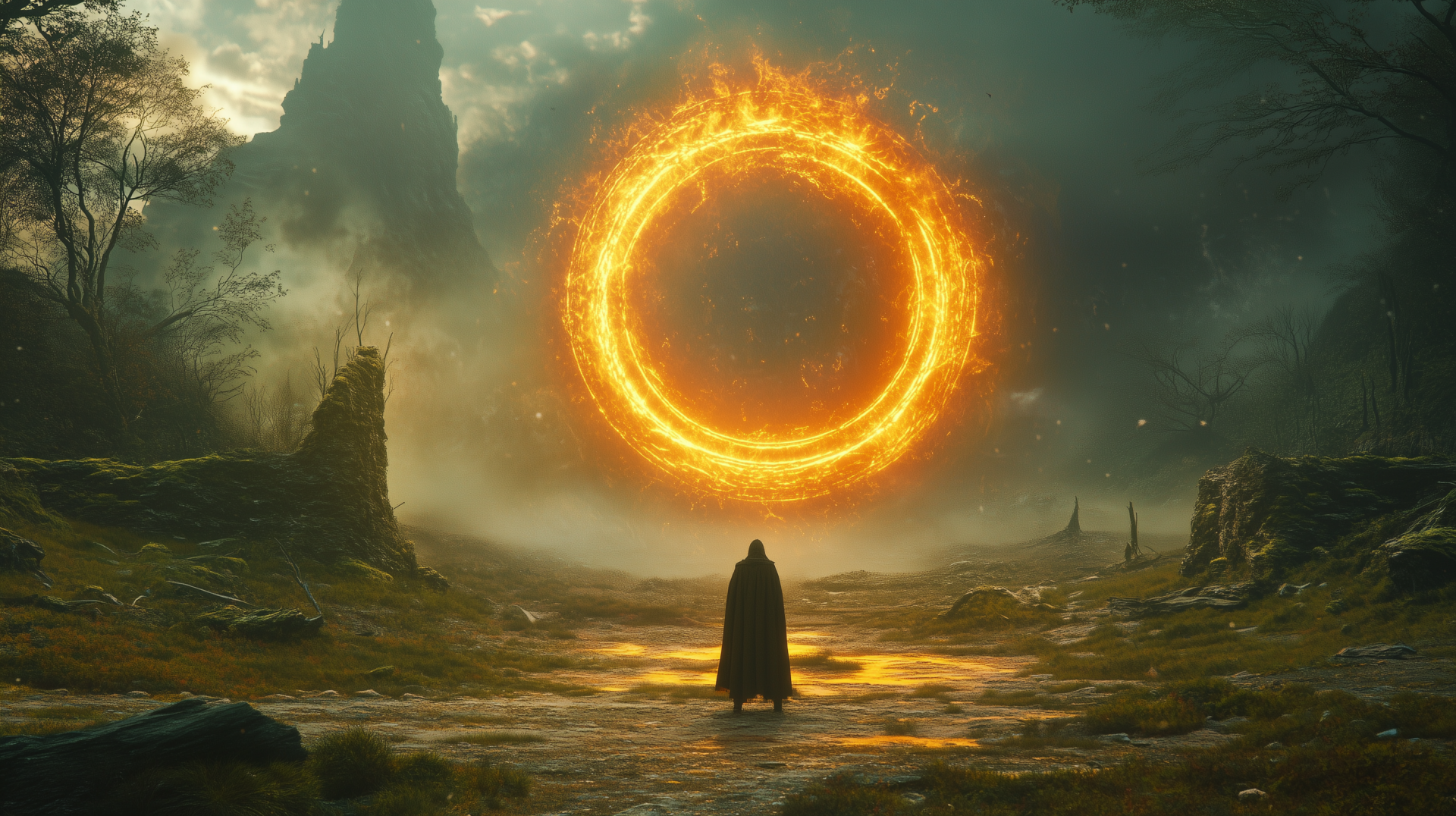 A mystical landscape from Elden Ring showcases a lone figure standing before a glowing, fiery ring, set against a backdrop of towering mountains and dramatic clouds. HD desktop wallpaper.