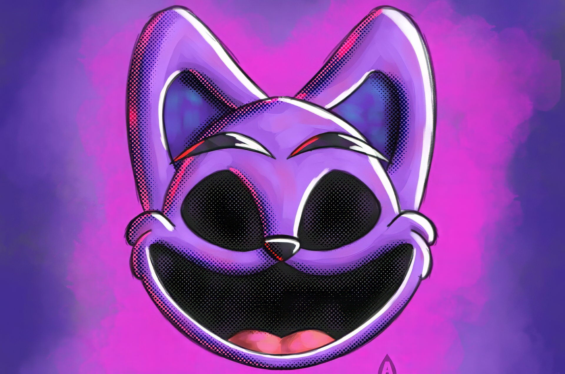 Purple cat character from Poppy Playtime, named CatNap, set against a vibrant purple background. This HD desktop wallpaper captures the game's playful yet eerie vibe.