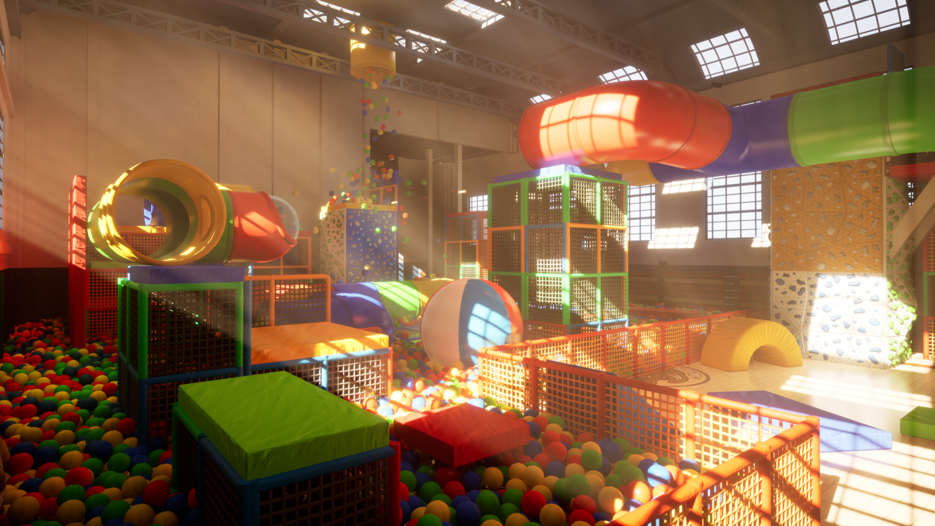 A vibrant HD wallpaper showcasing a playful indoor playground filled with colorful slides, tunnels, and ball pits, embodying the energetic atmosphere of video game supermoves.