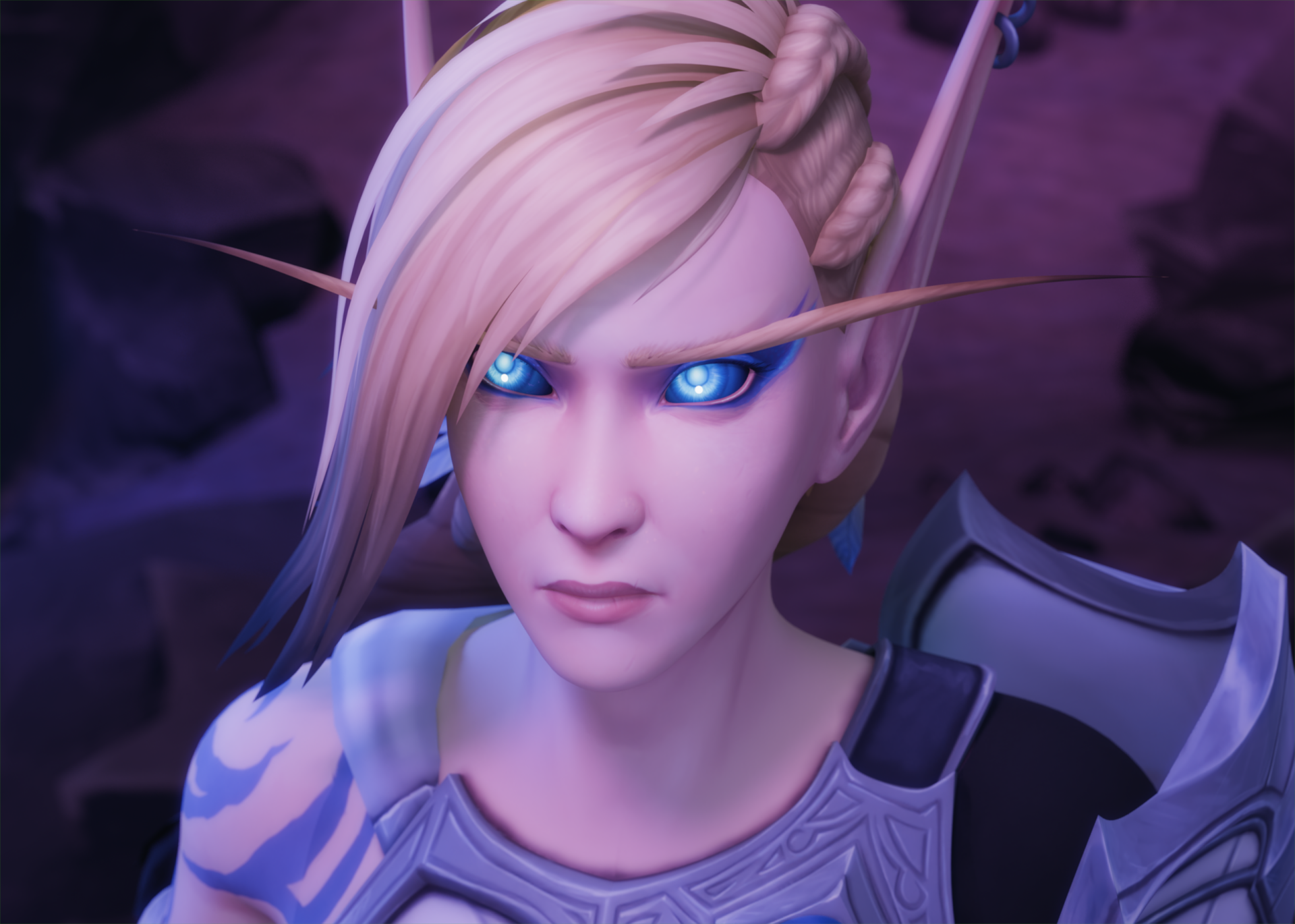 A stunning HD wallpaper from World of Warcraft: The War Within, featuring a fierce character with striking blue eyes and intricate armor, set against a mystical background.