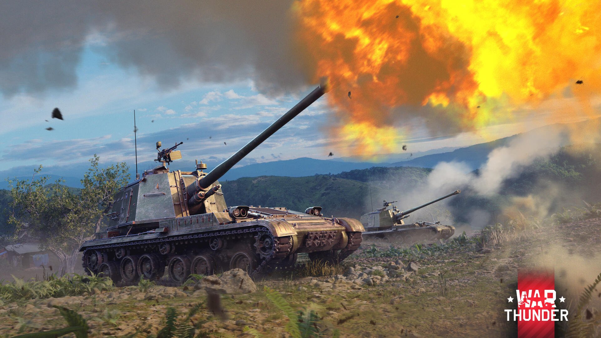 A dynamic HD wallpaper featuring a tank from the video game War Thunder, firing as explosions light up the sky, showcasing intense battlefield action.
